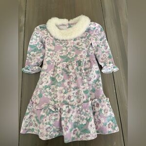 Janie and Jack Purple Floral Dress with White Faux Fur Collar
